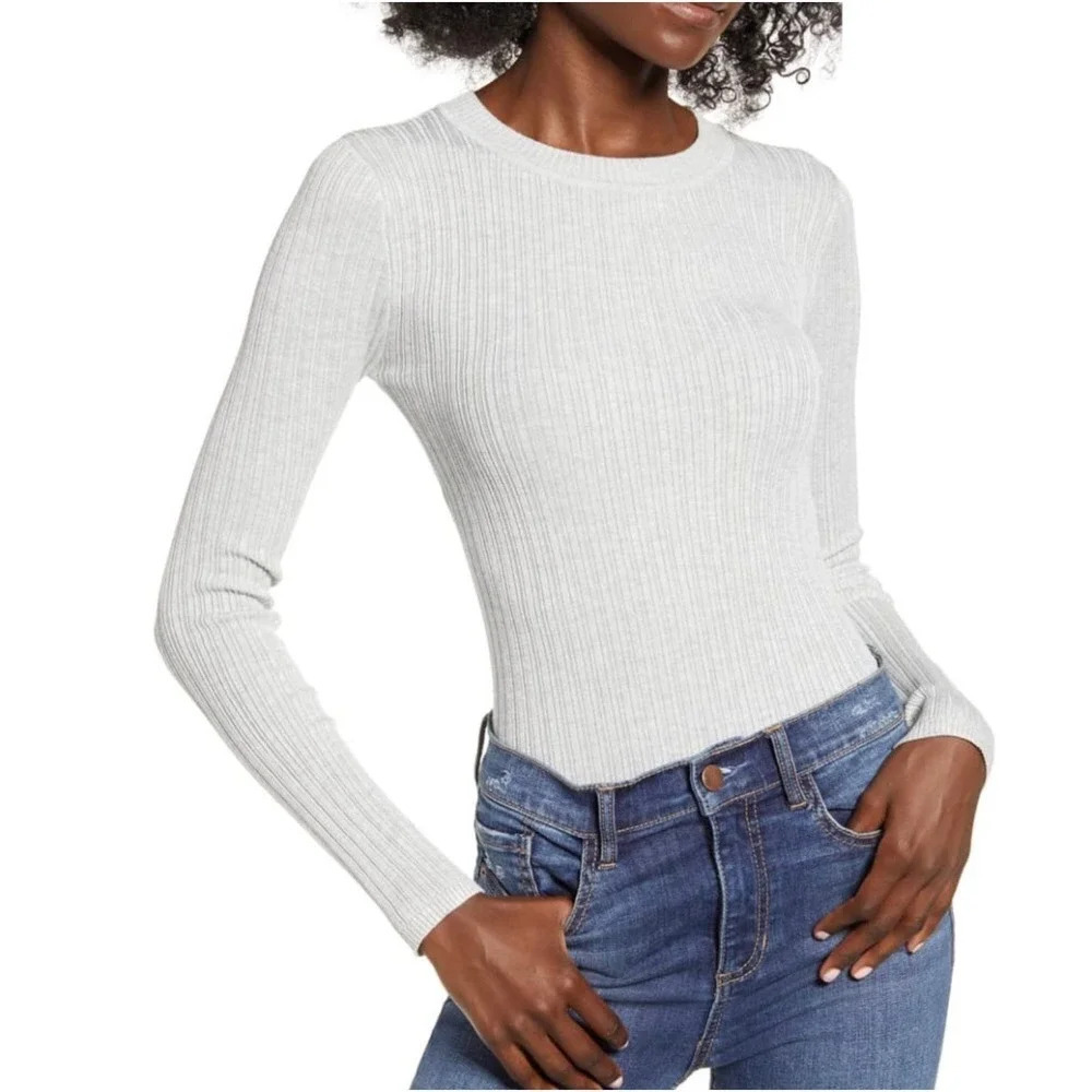 NEW Love by Design Women Size Large Gray Skivvy Ribbed Knit Sweater v6x
